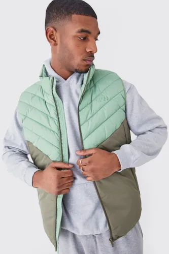 Mens Green Tall Man Colour Block Quilted Funnel Neck Gilet, Green