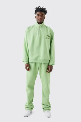 Mens Green Tall Oversized Boxy B 1/4 Zip Stacked Tracksuit, Green
