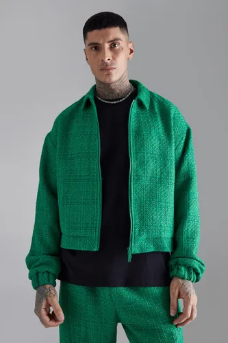 Mens Green Tall Oversized Boxy Boucle Zip Through Jacket, Green