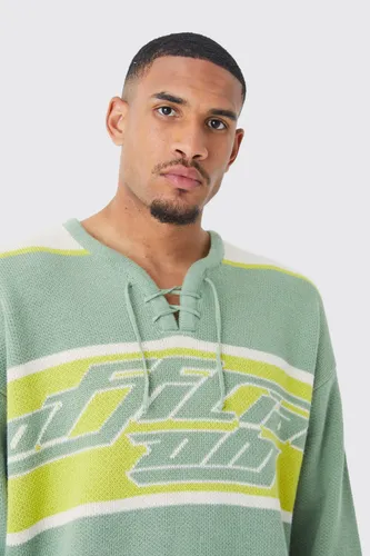Mens Green Tall Oversized Knitted Hockey Top With Tie Detail, Green