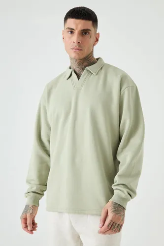 Mens Green Tall Oversized Revere Rugby Sweatshirt Polo, Green
