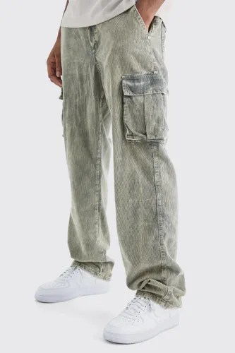 Mens Green Tall Relaxed Acid Wash Cord Cargo Trouser, Green