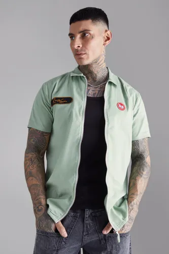 Mens Green Tall Short Sleeve Twill Zip Moto Shirt, Green