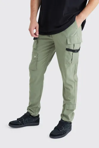 Mens Green Tall Skinny Multi Pocket Cargo Buckle Trouser, Green