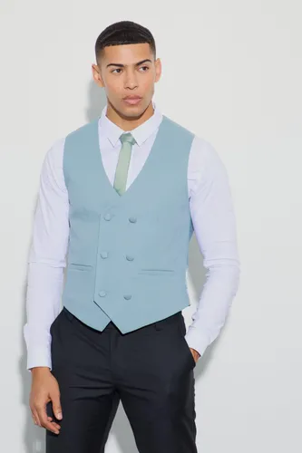 Mens Green Textured Double Breasted Waistcoat, Green