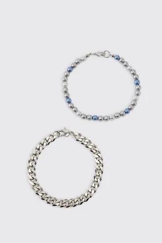 Mens Grey 2 Pack Pearl And Chain Bracelets, Grey