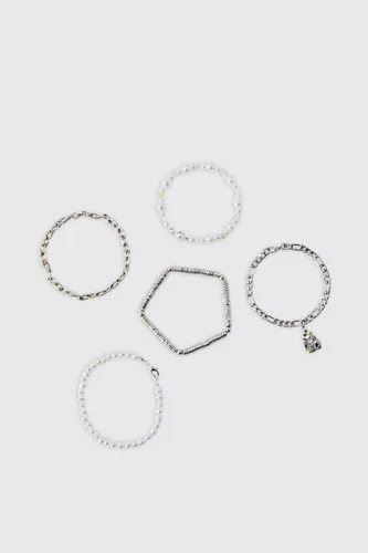 Mens Grey 5 Pack Pearl Bracelets, Grey