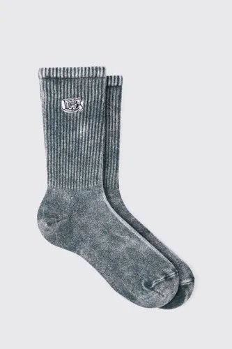 Mens Grey Acid Wash Man Embroidered Socks In Charcoal, Grey