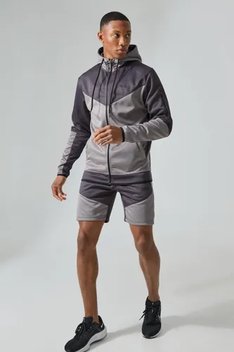 Mens Grey Active Colour Block Funnel Hooded Short Tracksuit, Grey