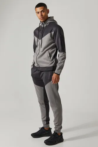 Mens Grey Active Colour Block Funnel Hooded Tracksuit, Grey