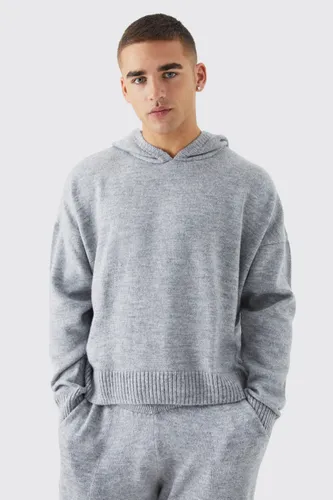 Mens Grey Boxy Brushed Knitted Hoodie, Grey