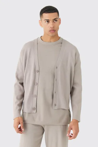 Mens Grey Boxy Fit Knitted Cardigan, Grey