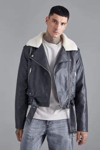 Mens Grey Boxy Fit Washed Pu Biker With Borg Collar, Grey