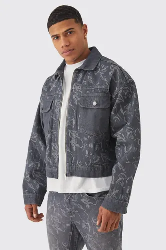 Mens Grey Boxy Fit Zip Through Laser Print Denim Jacket, Grey