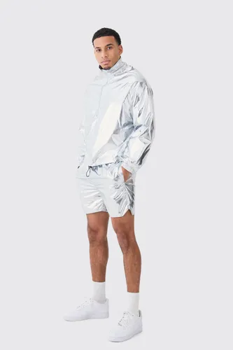 Mens Grey Boxy Funnel Neck Cagoule And Short Metallic Set, Grey