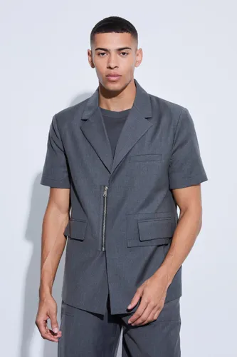 Mens Grey Boxy Zip Detail Short Sleeve Blazer, Grey