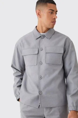 Mens Grey Cargo Pocket Regular Fit Tailored Overshirt, Grey