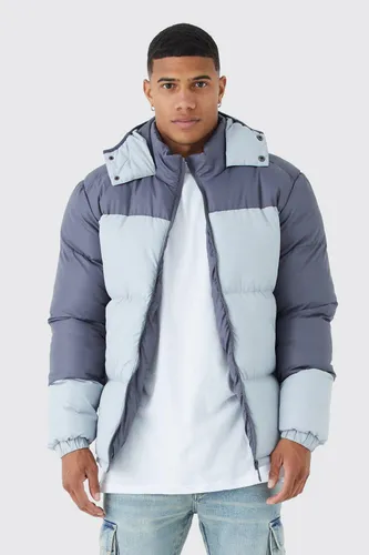 Mens Grey Colour Block Quilted Puffer With Hood, Grey