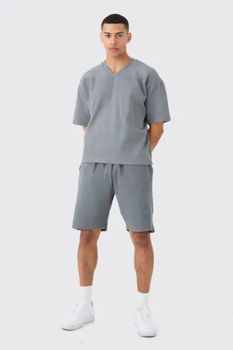 Mens Grey Heavyweight Ribbed Washed Short Sleeve Sweatshirt & Short Set, Grey