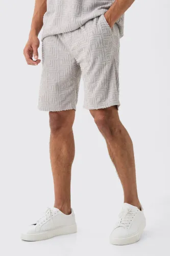 Mens Grey Loose Fit Geo Towelling Jacquard Shorts, Grey
