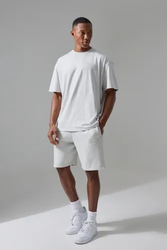 Mens Grey Man Active Training Dept Oversized Embossed T-shirt Shorts Set, Grey