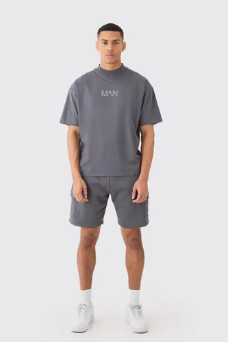 Mens Grey Man Oversized Extended Neck T-shirt And Cargo Short Set, Grey