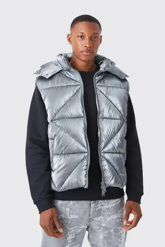 Mens Grey Metallic Quilted Gilet With Hood, Grey