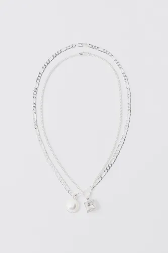 Mens Grey Multi Layer Pearl Pendant Necklace, Grey