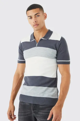 Mens Grey Muscle Fit Colour Block Stripe Polo, Grey