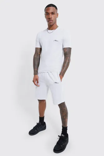 Mens Grey Muscle Fit Man Panel T-shirt And Short Set, Grey
