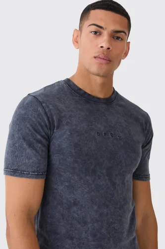 Mens Grey Muscle Fit Ofcl Acid Wash Crew Neck T-shirt, Grey