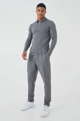 Mens Grey Muscle Long Sleeve Jacquard Polo & Jogger Set, Grey