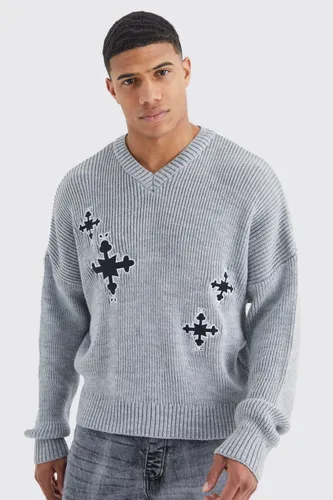Mens Grey Oversized Boxy Applique Cross Embroided Jumper, Grey