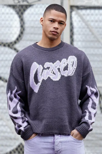 Mens Grey Oversized Boxy Brushed Graphic Knitted Jumper, Grey
