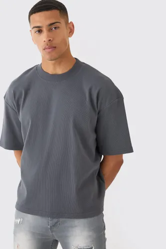 Mens Grey Oversized Boxy Extended Neck Heavyweight Ribbed T-shirt, Grey
