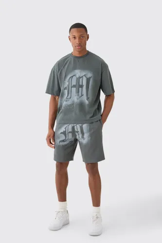 Mens Grey Oversized Boxy Graffiti Spray Graphic T-shirt Set, Grey