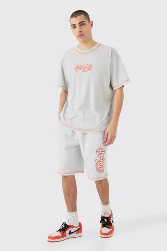 Mens Grey Oversized Contrast Stitch Applique T-shirt & Short Set, Grey
