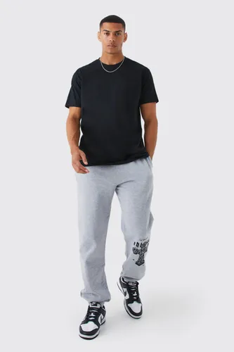 Mens Grey Oversized Cross Print T-shirt & Jogger Set, Grey