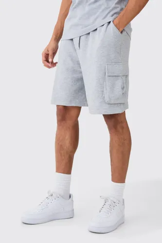 Mens Grey Oversized Drop Crotch Cargo Pocket Jersey Shorts, Grey