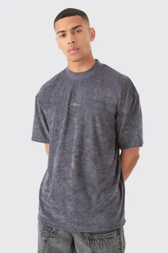 Mens Grey Oversized Extended Neck Towelling Man Signature T-shirt, Grey
