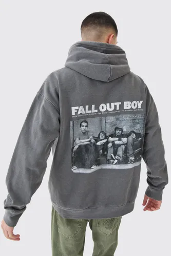 Mens Grey Oversized Fall Out Boy Wash Hoodie, Grey