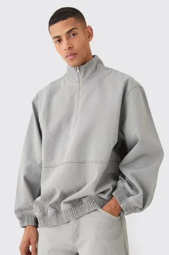 Mens Grey Oversized Funnel Neck 1/4 Zip Denim Jacket, Grey