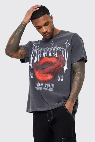 Mens Grey Oversized Overdyed Gothic Lips Graphic T-shirt, Grey