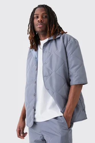 Mens Grey Oversized Short Sleeve Quilted Shirt, Grey