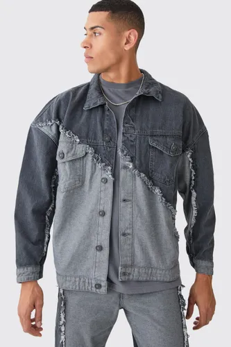 Mens Grey Oversized Spliced Frayed Edge Denim Jacket, Grey