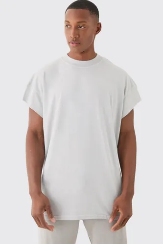 Mens Grey Oversized Wash Cropped Sleeves T-shirt, Grey