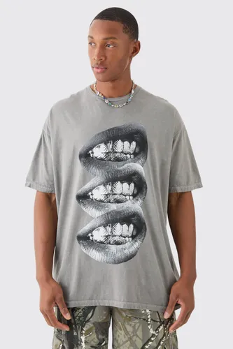 Mens Grey Oversized Washed Lip Graphic T-shirt, Grey
