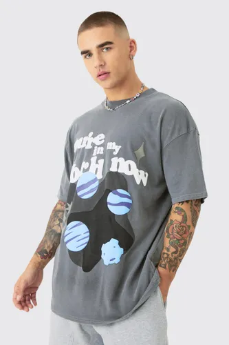 Mens Grey Oversized Washed Space Puff Print T-shirt, Grey