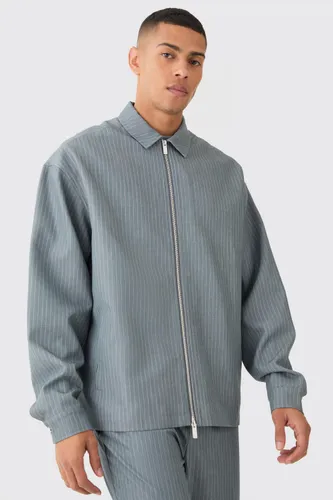 Mens Grey Pinstripe Relaxed Fit Longline Smart Harrington Jacket, Grey