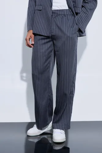 Mens Grey Pinstripe Relaxed Wide Leg Suit Trousers, Grey